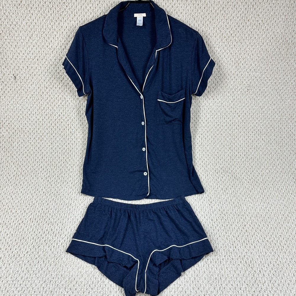 EBERJEY Gisele Pajama Set Womens S Navy Modal Short Sleeve Button Shirt / Shorts